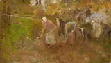 Cesare Ciani, Contadine nei campi, oil on cardboard