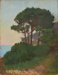 Pini sul mare by Raffaello Gambogi, oil on cardboard, offered Apr 2026