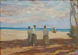 Ludovico Tommasi, Donne sulla spiaggia, oil on cardboard