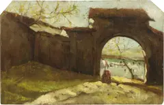 Vittore Antonio Cargnel, Cascinale con figure, oil on panel