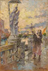 Leonardo Bazzaro, Figura orante nel paesaggio, oil on panel