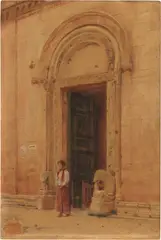 Alberto Pisa, Sulla soglia di San Rufino ad Assisi, 1900, watercolour on paper applicata on cardboard