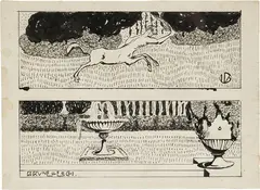Umberto Brunelleschi, Foglio con due scene: «Centauro» e «Giardino con fontana», ink on paper