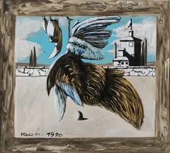 Sergio Vacchi, Paesaggio metafisico, 1970, oil and mixed media on paper applicata on canvas