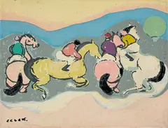 Giuseppe Cesetti, Cavalli e fantini, oil on pannello