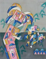 Ibrahim Kodra, La pesca, 1974, mixed media on cardboard