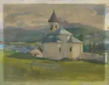 Toni Piccolotto, Paesaggio con chiesa, oil on panel