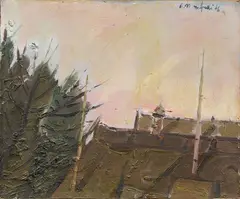Paesaggio by Alberto Manfredi, 1964, oil on faesite, offered Nov 2025