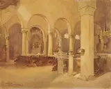 Ernesto Giuliano Armani, Interno di chiesa, watercolour and pencil on paper applicata on cardboard