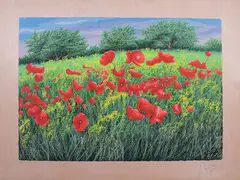 Franco Azzinari, Campo di papaveri, 2000, screenprint a colori on compensato