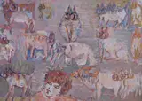 Silvio Loffredo, Gatti e gufo, 1979, oil on canvas board