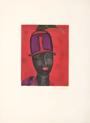 Testa con cappello rosso by Franco Gentilini, 1980, lithograph a colori, offered May 2025