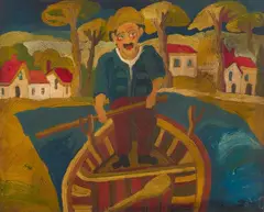 Il pescatore by Beppe Serafini, mixed media on cardboard, offered May 2025