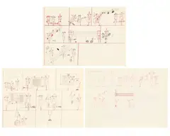 Pino Pascali, Tre disegni «Lodolo Film», pencil and pastel on paper