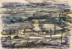 Luigi Bartolini, Paesaggio, 1955, charcoal and acquarello on paper applicata on canvas