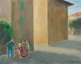 Siparietto di case con ragazzi by Nino Tirinnanzi, oil on canvas, offered May 2025