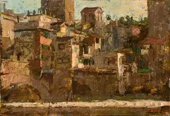 Ponte Vecchio by Giulio Salti, oil on compensato, offered Feb 2025
