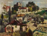 Dilvo Lotti, Paesaggio con case, oil on panel
