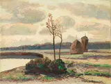 Gino Romiti, Campagna con laghetto e pagliai, oil on faesite