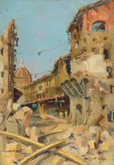 Devastazioni sul Ponte Vecchio by Mario Borgiotti, 1944, oil on cardboard, offered Feb 2025