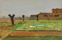 Paesaggio lombardo by Giuseppe Leoni, oil on cardboard, offered Feb 2025