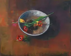 Mario Madiai, I fiori, le foglie e l'acqua, oil on canvas