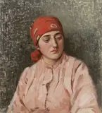 Il fazzoletto rosso by Angiolo Tommasi, oil on canvas board, offered Mar 2021