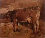 Mucca nella stalla by Ludovico Tommasi, oil on cardboard, offered Mar 2021