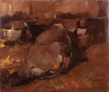 Mucca nella stalla by Ludovico Tommasi, oil on cardboard, offered Mar 2021