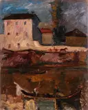 Guido Ferroni, Case sull'Arno, oil on canvas