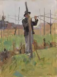 Alessandro Pomi, Nella vigna, oil on compensato