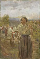 Il ritorno dai campi controluce by Cesare Ciani, oil on cardboard, offered Mar 2021