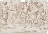 Giuseppe Santi, Scena con guerrieri, penna and watercolour bruno on paper mm.