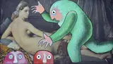 Enrico Baj, Odalisque couchée, 1972, mixed media on panel