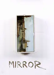 Philip Corner, Mirror, scrittura and assemblaggio on vetro in teca di plexiglass