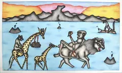 Kivuthi Mbuno, Scena africana, pastelli and mixed media on card