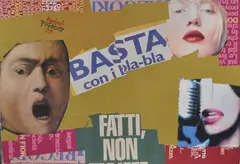 Lamberto Pignotti, Basta con i bla bla, 1999, collage on cardboard