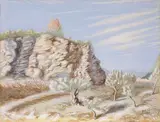 Giorgio de Chirico, Paesaggio ermetico (Paesaggio con rocce), 1930, tempera on cardboard