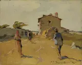 Ritorno dal lavoro by Carlo Domenici, oil on faesite, offered May 2020