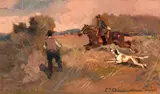 Cacciatori by Carlo Domenici, oil on compensato, offered May 2020