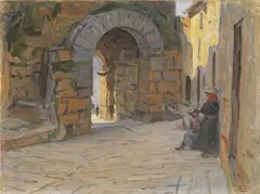 Porta all'Arco, Volterra by Luigi Gioli, oil on canvas applicata on cardboard, offered May 2020