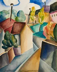 René Paresce, Paesaggio (Strada, alberi e case), 1921, mixed media on card