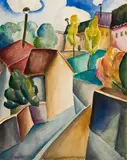 René Paresce, Paesaggio (Strada, alberi e case), 1921, mixed media on card