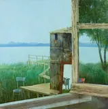 Alessandro Tofanelli, Paesaggio di lago, 1999, oil on compensato
