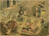 Filippo de Pisis, Natura morta con frutta, watercolour on paper applicata on cardboard
