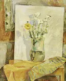 Sandro Biazzi, Interno con vaso di fiori, oil on compensato