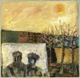 Aldo Borgonzoni, Incontro in periferia, 1963, oil on faesite