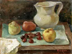 Raffaele De Grada, Natura morta con frutta e vaso bianco, 1953, oil on panel