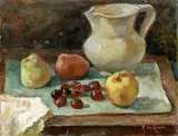 Raffaele De Grada, Natura morta con frutta e vaso bianco, 1953, oil on panel