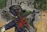 Enrico Baj, Eccoti amore mio: era tanto che ti aspettavo, 1955, mixed media on canvas